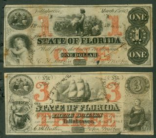 Florida - State Of Florida,  $1.  00 & $3.  Notes,  1863,  Scarce And Each W/faults