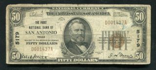 1929 $50 The First National Bank Of San Antonio,  Tx National Currency Ch.  5179