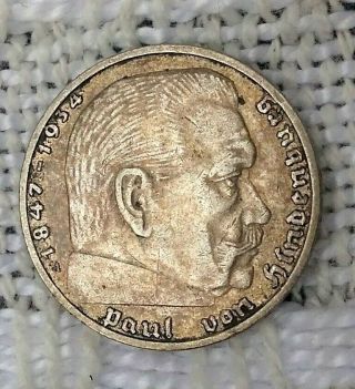 1937 Germany 2 Reichsmark Silver Paul Von Hindenburg Coin