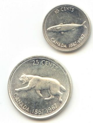 Canada 1867 - 1967 Silver Quarter,  Dime Canadian 25c Ag Exact Set Shown