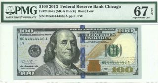 2013 $100 Frn Fancy Serial Number Near Solid In A Row 44444440 Pmg 67 Epq