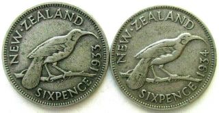 Zealand Coins,  Sixpence 1933 & 1934,  George V,  Silver 0.  500