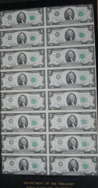 1976 2 Dollar Bill Sheet Star Note Uncut 16 Bills Department Of Treasury - Ohio