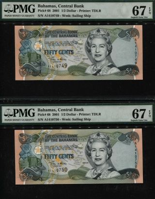 Tt Pk 68 2001 Bahamas 1/2 Dollar Queen Elizabeth Ii Pmg 67q Seq Set Of 2