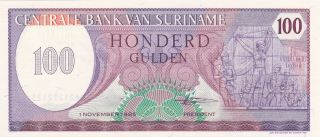 100 Gulden Unc Banknote From Suriname 1985 Pick - 128