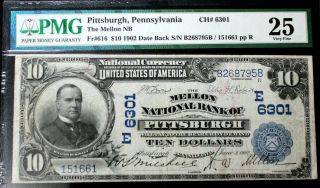 1902 $10 The Mellon Nb Of Pittsburgh,  Pa National Currency Ch.  6301 Pmg 25 Vf