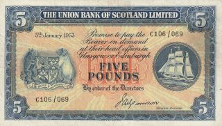 Scotland Union Bank 5 Pounds Banknote 5.  1.  1953 P.  S817a Fine