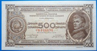 Yugoslavia; 500 Dinara 1946,  Horizontal Security Thread,  Gem Unc,