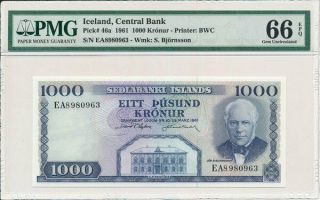 Central Bank Iceland 1000 Kronur 1961 Pmg 66epq