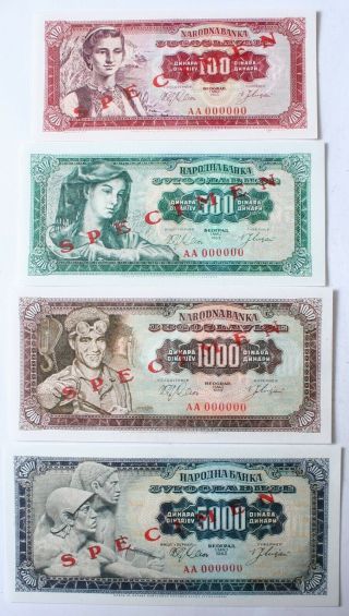 Yugoslavia 100 - 500 - 1000 - 5000 Dinara 1963 Aa000000 Specimen Set