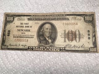 Low Serial 5 1929 - $100 - U.  S.  National Currency - 858 - Newark,  Oh Ohio