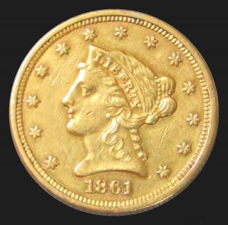 1861 Gold $2.  5 Liberty Head $2 1/2 Quarter Eagle Civil War Date Extra Fine