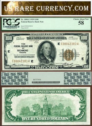1929 $100 Federal Reserve Bank Note Pcgs Graded Au58 Richmond Virgina