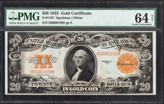 Tr 1922 Pmg Choice Unc 64 $20 Large Size Gold Seal Gold Cert Starts At 1c