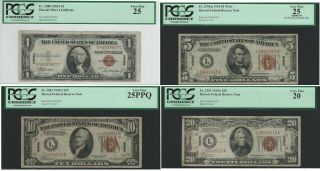 1934 - 35 $1,  $5,  $10 & $20 Hawaii Overprint Wwii Notes Pcgs Vf