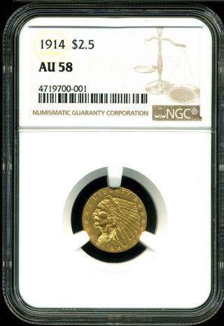 1914 G$2.  5 Indian Head Gold Quarter Eagle Au58 Ngc 4719700 - 001