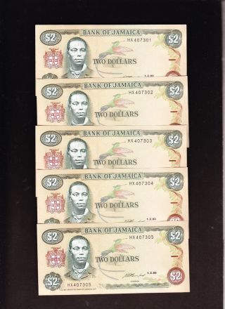 Jamaica 2 Dollars 1993 P - 69e Au,  X 5
