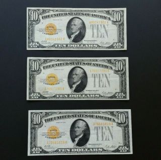 3 1928 Series $10 Gold Certificates