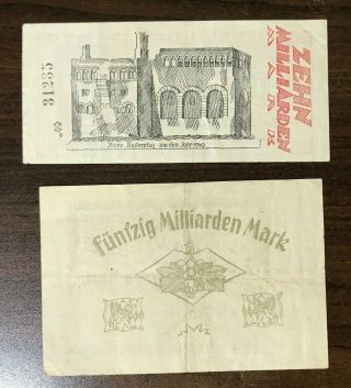 1923 Germany 10 50 Billion Mark Railroad Inflation Notgeld Banknote German Note 2