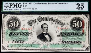 1863 Confederate States Of America $50 Richmond Note T - 57 Pmg Very Fine 25