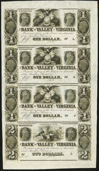 Winchester,  Va - Bank Of The Valley In Virginia,  $1 - $1 - $1 - $2,  Uncut Sheet,  Ch.  Unc.