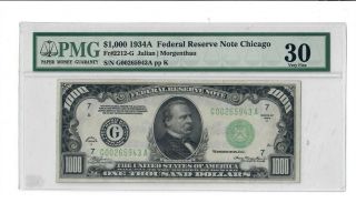 1934 A $1,  000 Federal Reserve Note Chicago Julian/morgenthau Pmg 30 Very Fine