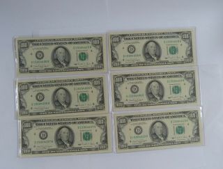6 Consecutive Serial Number 1990 $100 Federal Reserve Notes