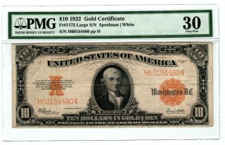 1922 Pmg 30 Vf $10 Large Size Gold Certificate Finest Available 1c Start