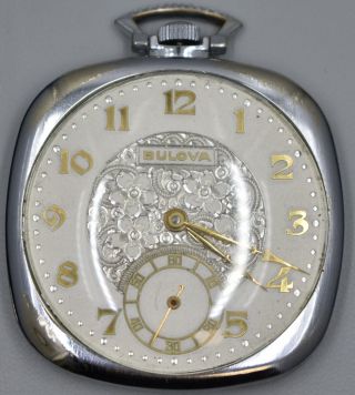 Square Bulova Pocket Watch 17ab - 1 21j Movement W/ Floral Dial (running)