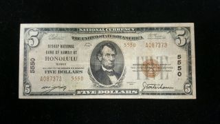1929 $5.  00 National Currency Type 2 Bishop National Bank Of Hawaii At Honolulu