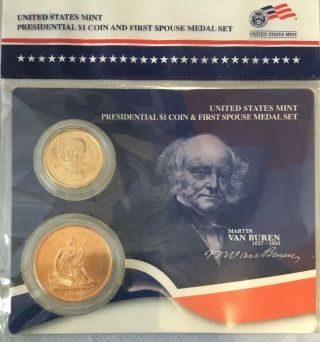 2008 Us Martin Van Buren Presidential $1 Dollar Coin & 1st Spouse Medal Set