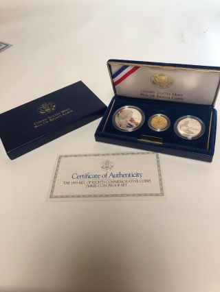 1993 Bill Of Rights Proof 3 Coin $5 Gold & $1 Silver Commemorative Set Us