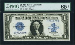 Fr.  238 $1 1923 Silver Certificate Pmg Gem Uncirculated 65 Epq