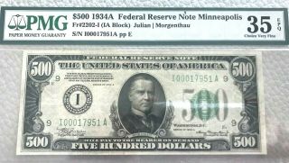 1934a $500 Federal Reserve Note Fr 2202 G Minnapolis Pmg Choice Epq Pq High End