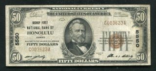 1929 $50 Bishop First National Bank Of Honolulu,  Hi National Currency Ch.  5550