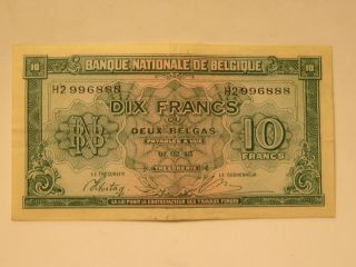 1943 BANQUE NATIONALE DE BELGIQUE 10 DIX FRANCS BELGIUM CURRENCY (95) 4