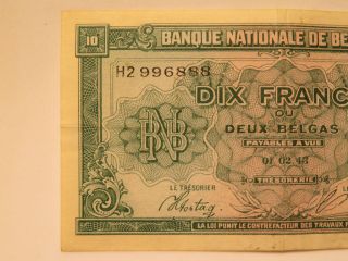 1943 BANQUE NATIONALE DE BELGIQUE 10 DIX FRANCS BELGIUM CURRENCY (95) 5