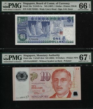 Tt Pk 18a & 48a Nd (1987 - 2004) Singapore 1 & 10 Dollar Pmg 66q & 67q Set Of 2