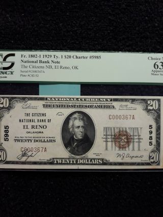 $20 1929 El Reno Oklahoma Ok National Currency Bank Note Bill Ch.  5985