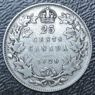 Old Canadian Coin 1928 - 25 Cents -.  800 Silver - George V -