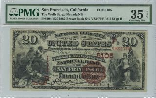 1882 $20 San Francisco Ca Wells Fargo Ch 5105 Pmg Cvf35 Epq Brown Back National