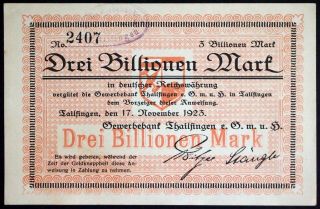 Tailfingen 1923 3 Trillion Mark Weimar Hyperinflation Banknote German Notgeld