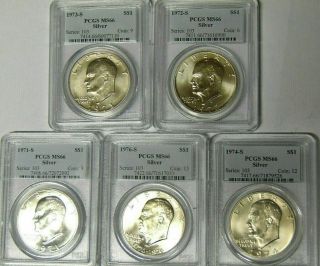 Pcgs Ms66 Set Of 5 Eisenhower Silver Dollars 1971 - S 1972 - S 1973 - S 1974 - S 1976 - S