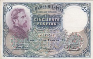 50 Pesetas Very Fine Crispy Banknote From Spain 1931 Pick - 82