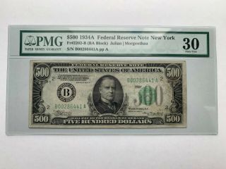 1934 A $500 Five Hundred Dollar Federal Reserve Note Vf - 30 Pmg