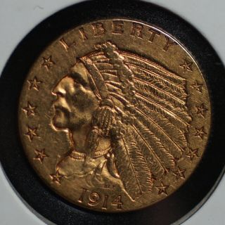 1914 Gold Indian Head 2 1/2 Dollar $2.  5 Quarter Eagle Coin
