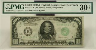 1934a $1000 Thousand Dollar Bill York Federal Reserve Note Pmg Vf 30