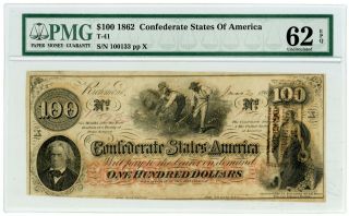 1862 T - 41 $100 The Confederate States Of America Note - Civil War Era Pmg 62 Epq