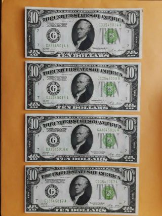4 Consecutive 1928 B $10 Ten Dollars Frn Federal Reserve Notes Lgs Uncirculated