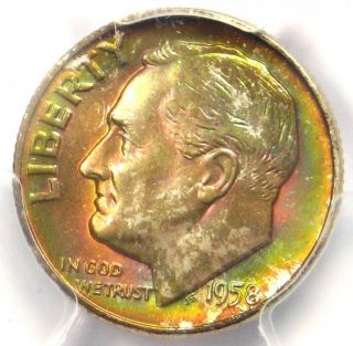 1958 - D Roosevelt Dime 10c Coin Rainbow - Pcgs Ms67,  Fb Plus Grade - $425 Value